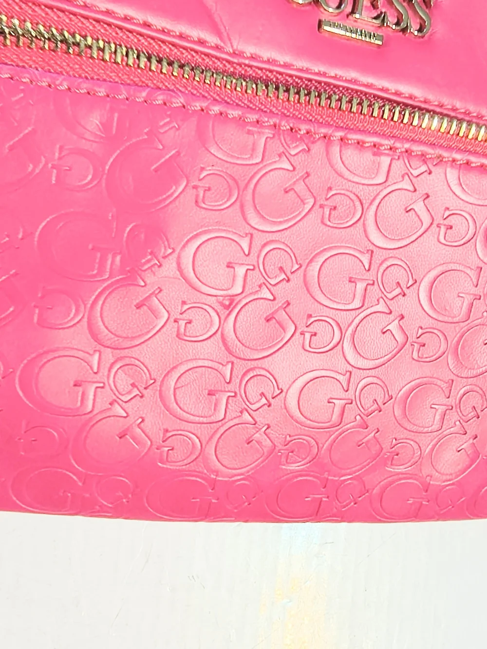 GUESS Hot Pink Embossed Logo Wristlet with Gold Hardware